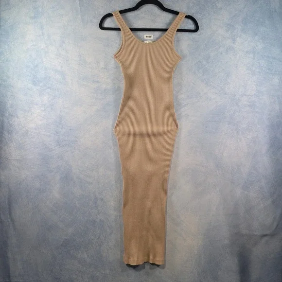HM Ribbed Knit Midi Dress Tan Beige Sleeveless Bodycon Scoop Neck XS - Picture 1 of 8